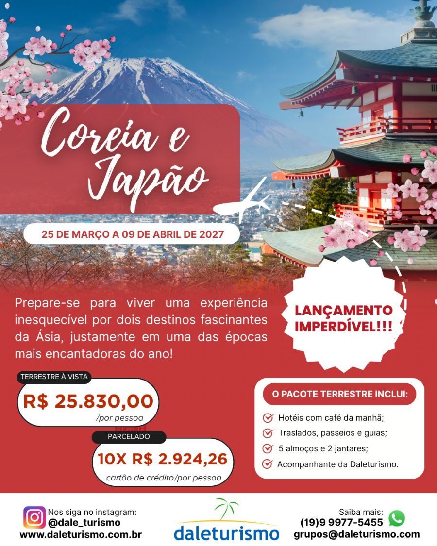 Coreia do Sul e Japão 25 de março a 09 de abril de 2027